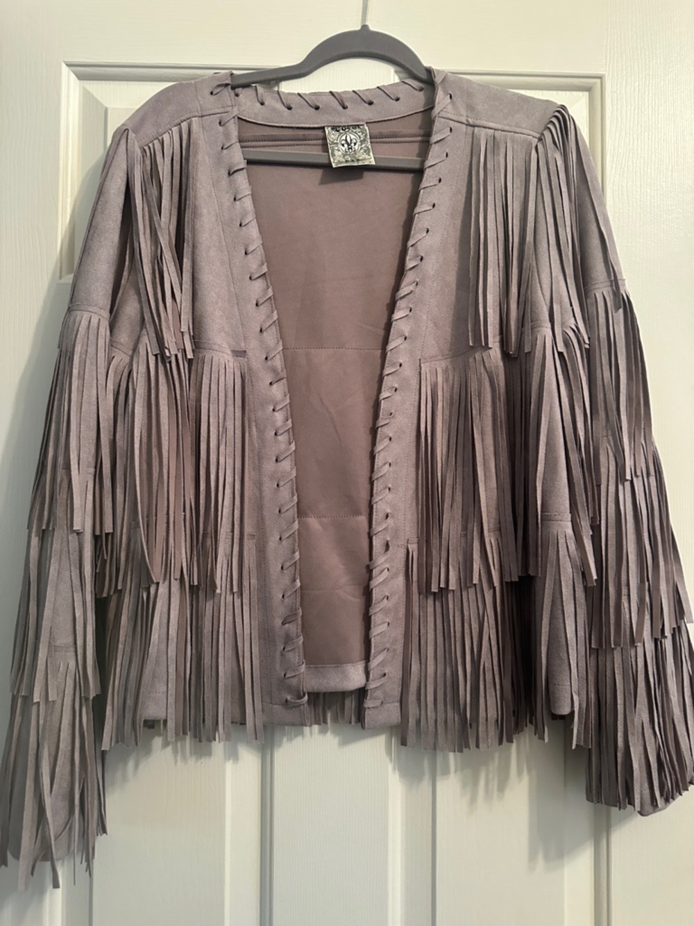 Fringe Suede Open Front Jacket - Lavender Gray/Lavender